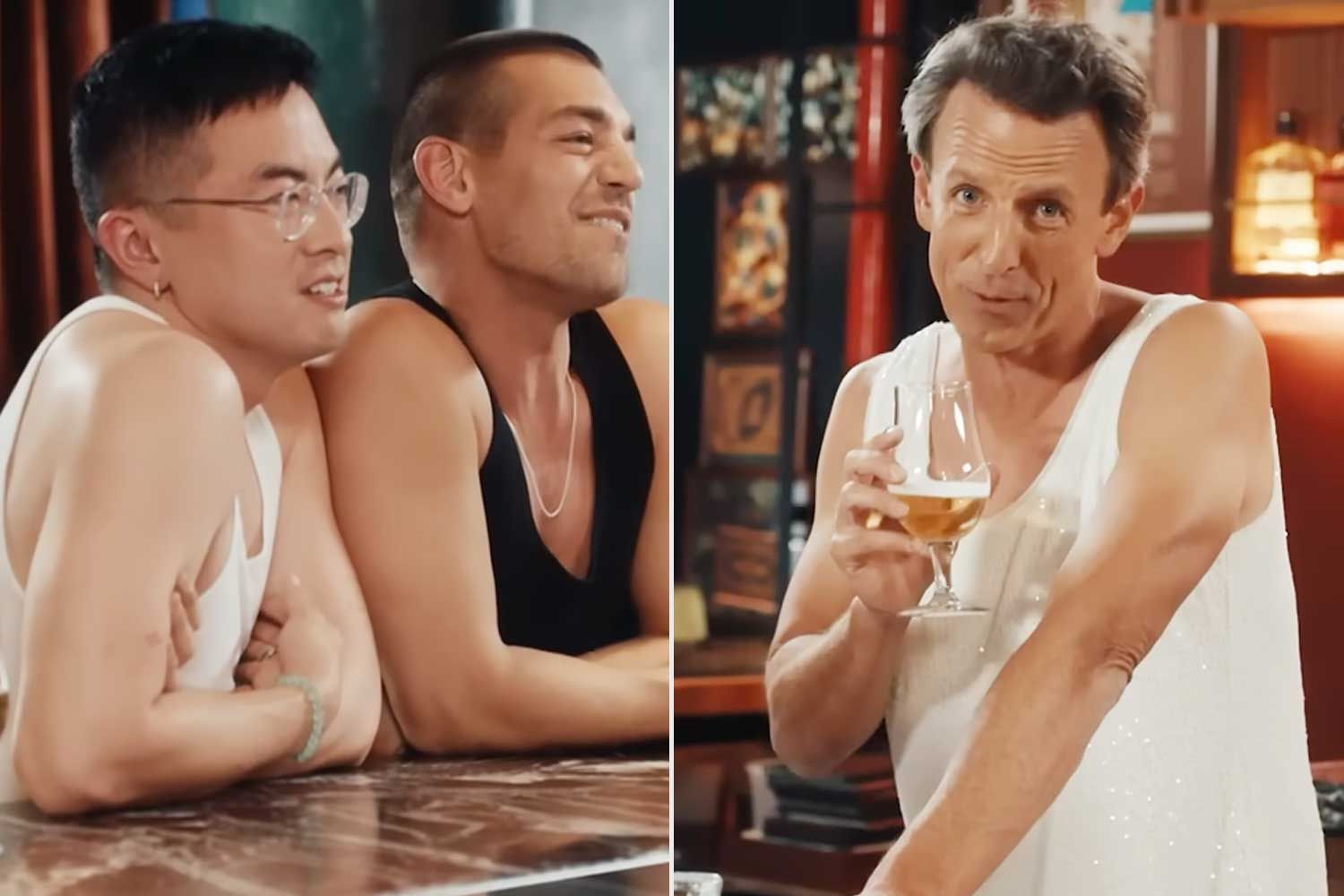 Seth Meyers strips all the way down to a glittery tank prime, shocks Bowen Yang and Matt Rogers whereas day ingesting: ‘You are sizzling!’