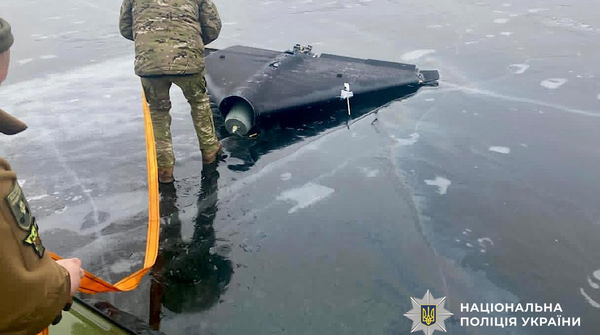 Shahed drone that did not detonate discovered on frozen Dnipro River